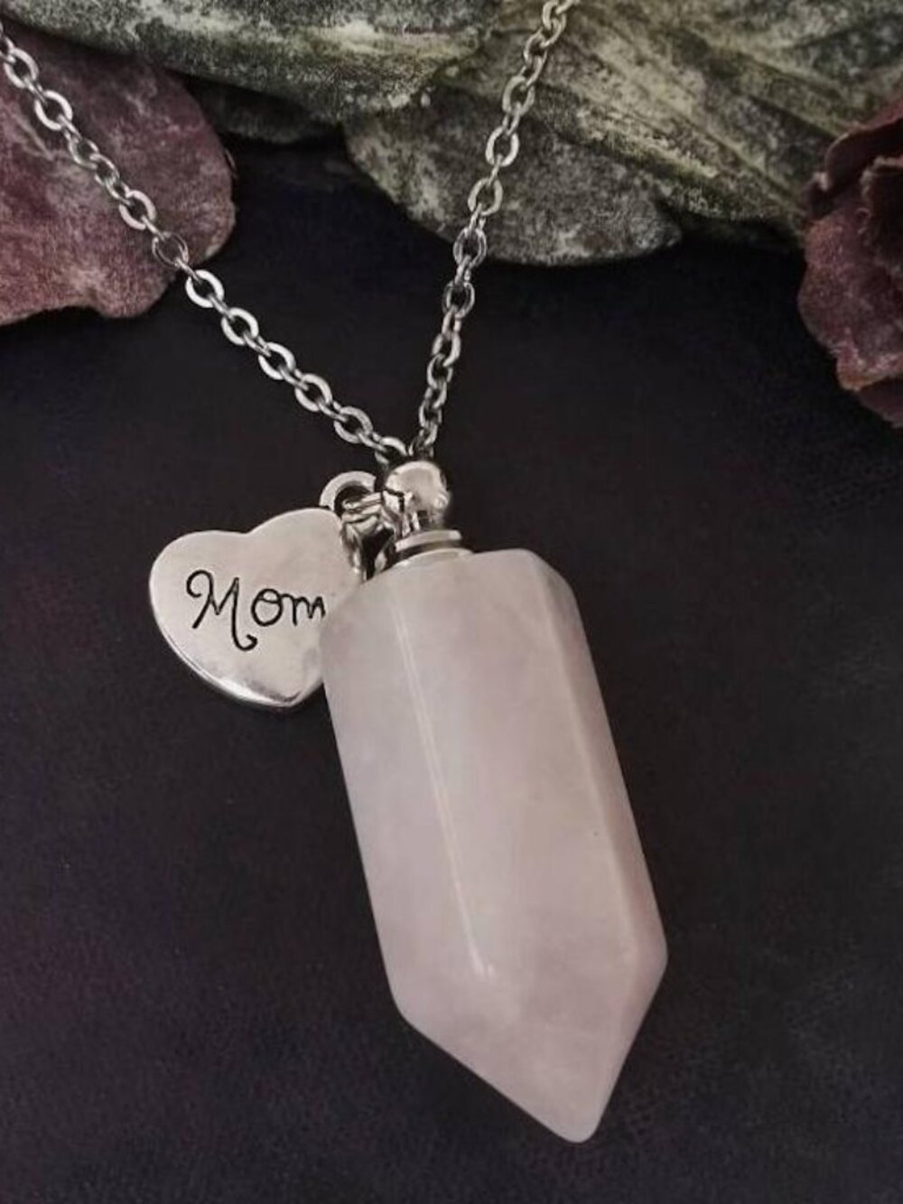 Rose Quartz Crystal Necklace Mom Heart Charm Vial Perfume Bottle Pendant